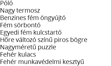 Póló
Nagy termosz
Benzines fém öngyújtó
Fém sörbontó
Egyedi fém kulcstartó
Hőre változó színű piros bögre
Nagyméretű puzzle
Fehér kulacs
Fehér munkavédelmi kesztyű